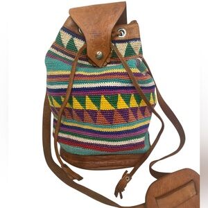 Woven Cotton Bucket Bag Vintage Handmade Colorful Crossbody Shoulder Bag Leather